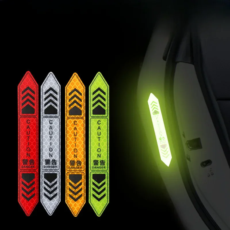 4Pcs Reflective Door Warning Stickers Waterproof Safety Decals For Car EV Truck Motorcycle Bike Backpack Night Visibility