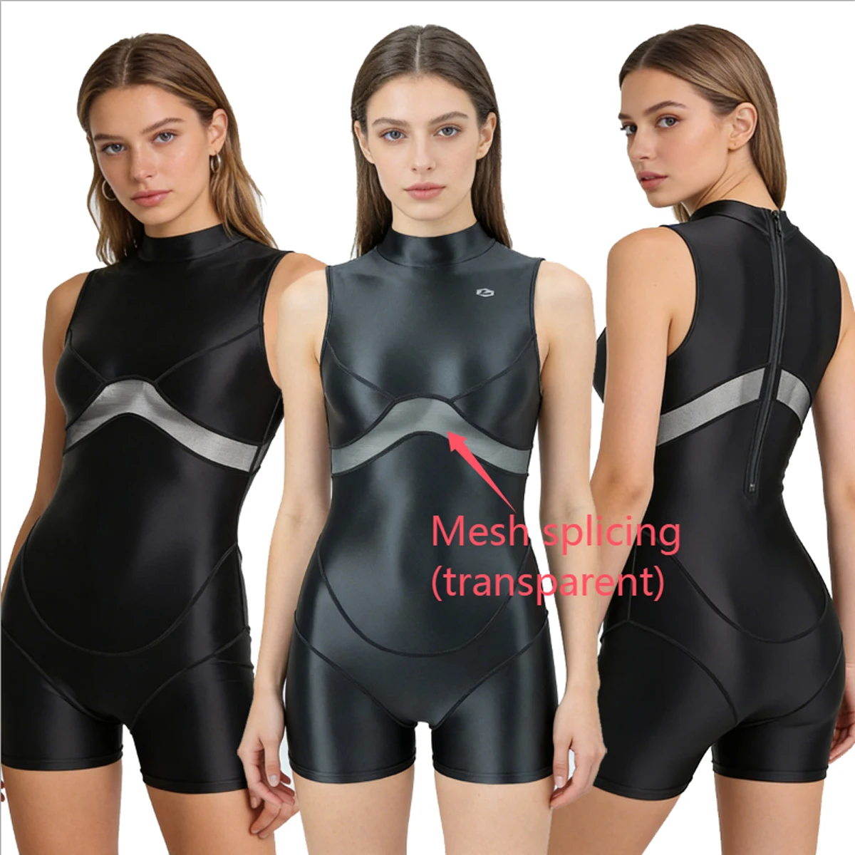 LEOHEX Oil Glossy One-piece Competitive Surfing Swimwear Back Zipper Mesh Splicing Bodysuit Jumpsuit Boxers Sport Tight Leotards