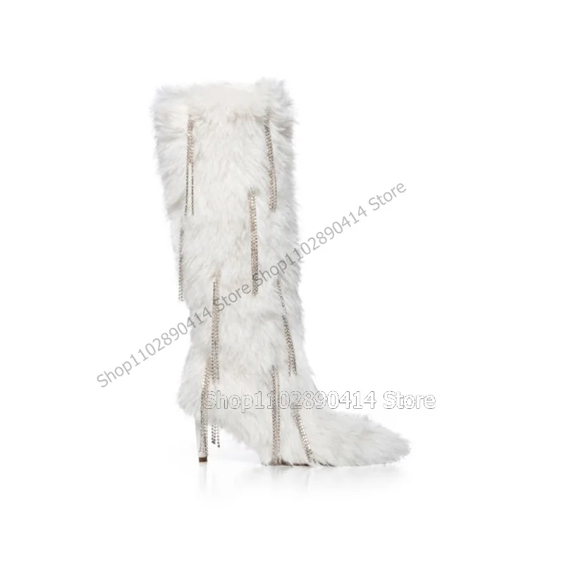 White Fur Crystal Tassels Decor Pointed Toe Boots Knee High Women Shoes Thin High Heels Fashion Runway 2023 Zapatos Para Mujere