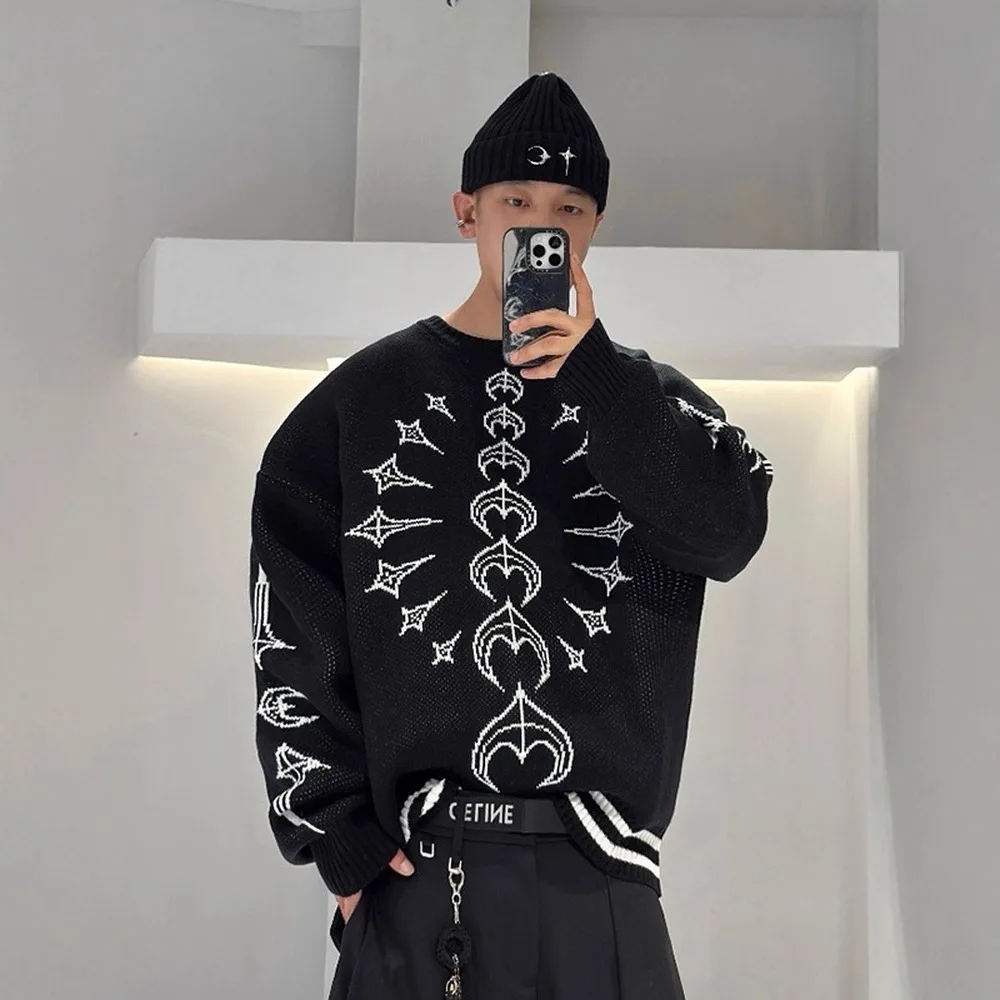 

Thug Club New Arrival Star and Moon Color-Blocked Patchwork Knit Long-Sleeve Sweater Unisex Hoodie