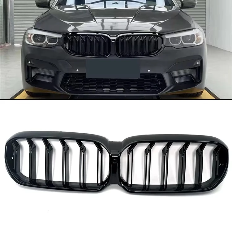 شبكة خاصة من مادة ABS مزدوجة الشريحة لسيارة BMW 5 Series G30 G38 LCI 2021-شواية المصد الأمامي باللون الأسود اللامع