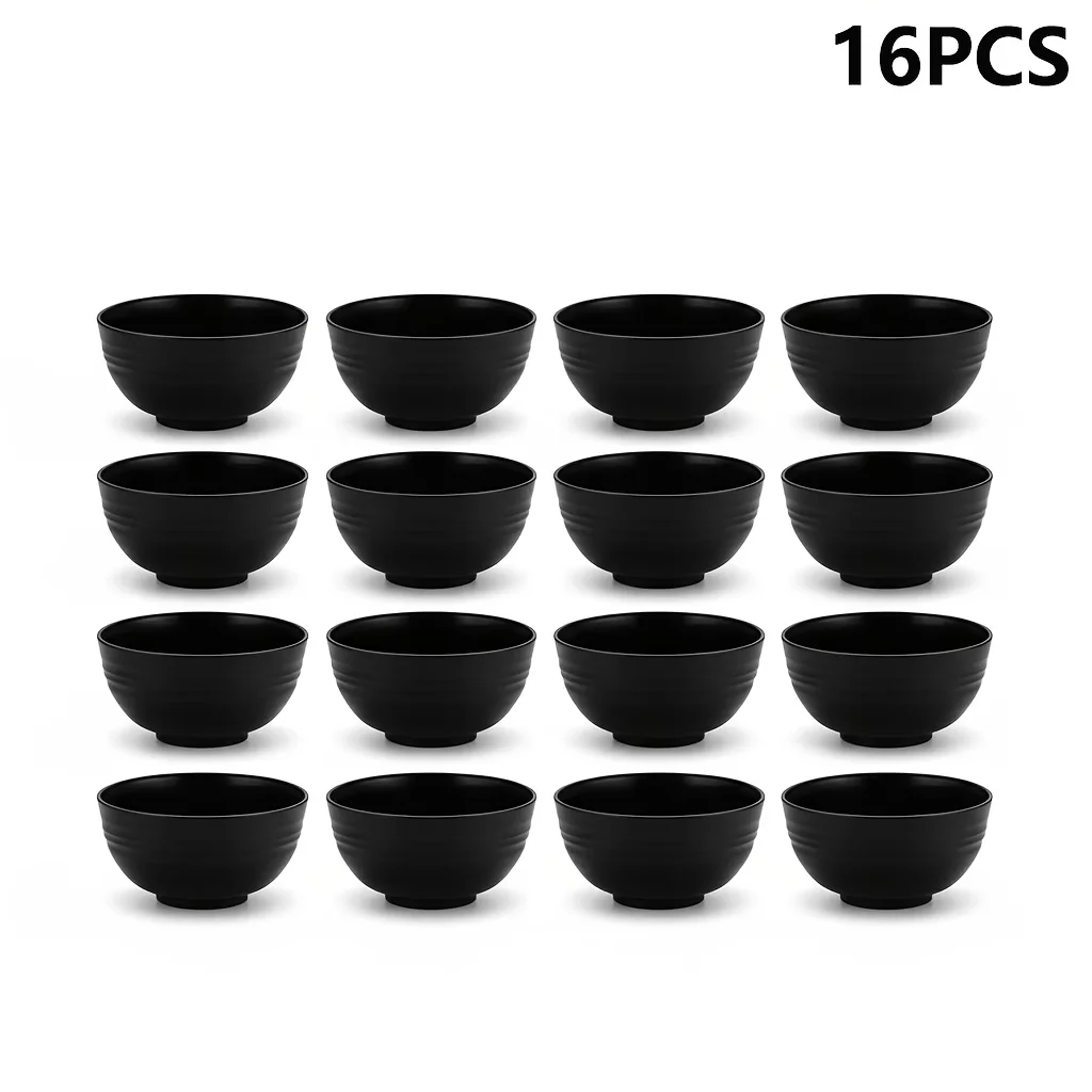 Juego de 16 tazones de plástico negro para cenar, aptos para microondas y lavavajillas, ideales para servir avena, ensaladas, sopas, fideos instantáneos.
