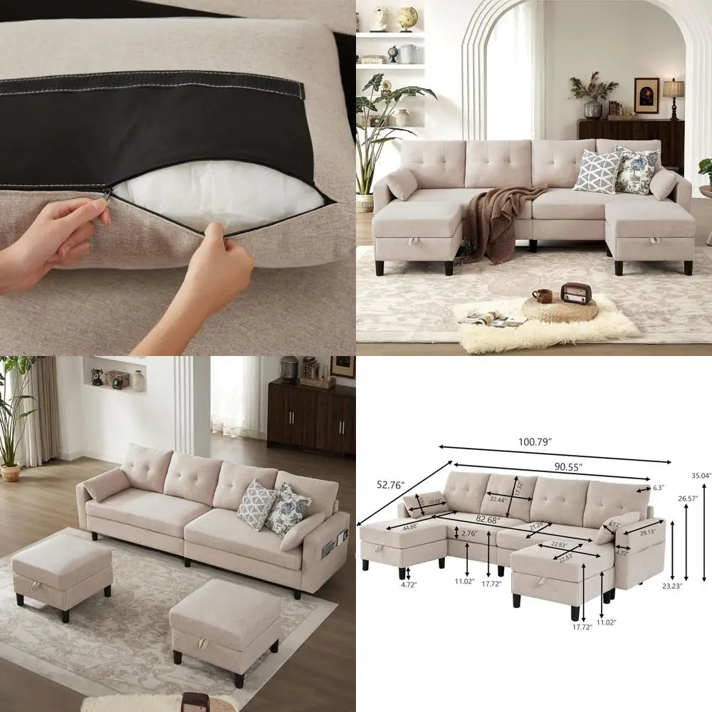 

4-Seater U-Shape Sectional Sofa with Storage Ottoman, Comfortable Linen Fabric Couch for Living Room, Beige