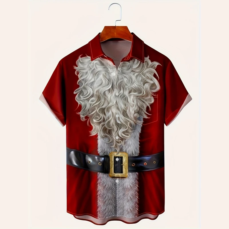 Kerst Heren Oversized Santa Claus Grafische Korte Mouw Bedrukte Tshirt Los Revers Button-Down Shirt Outdoor Streetwear