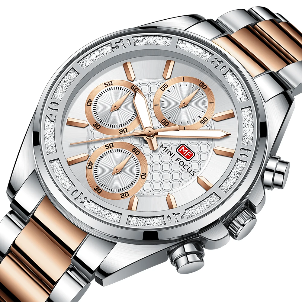 MINI FOCUS 0615L Luxury Diamond Quartz Watches for Women Waterproof Calendar Luminous Chronograph Steel Strip Reloj Mujer