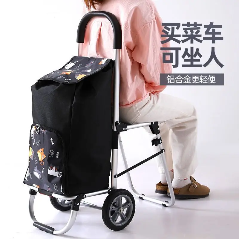 

Small pull cart aluminum alloy shopping cart can seat the elderly light cart travel folding portable trolley