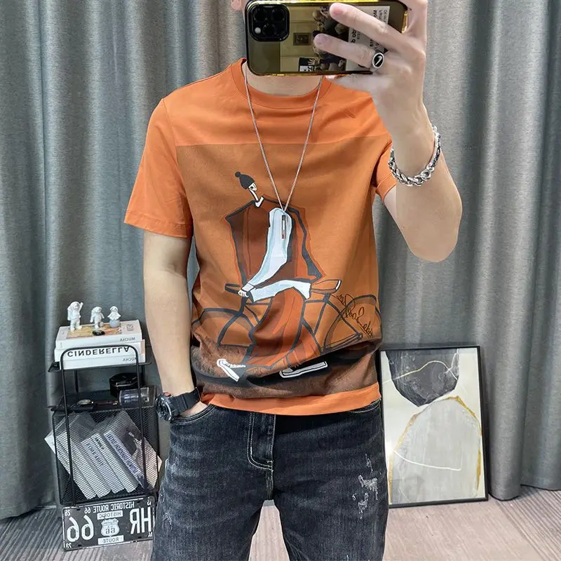 Fashion O-Neck All-match Cartoon Printed T-Shirts Men\'s Clothing 2024 Summer New Loose Korean Short Sleeve Tops Casual Tee Shirt