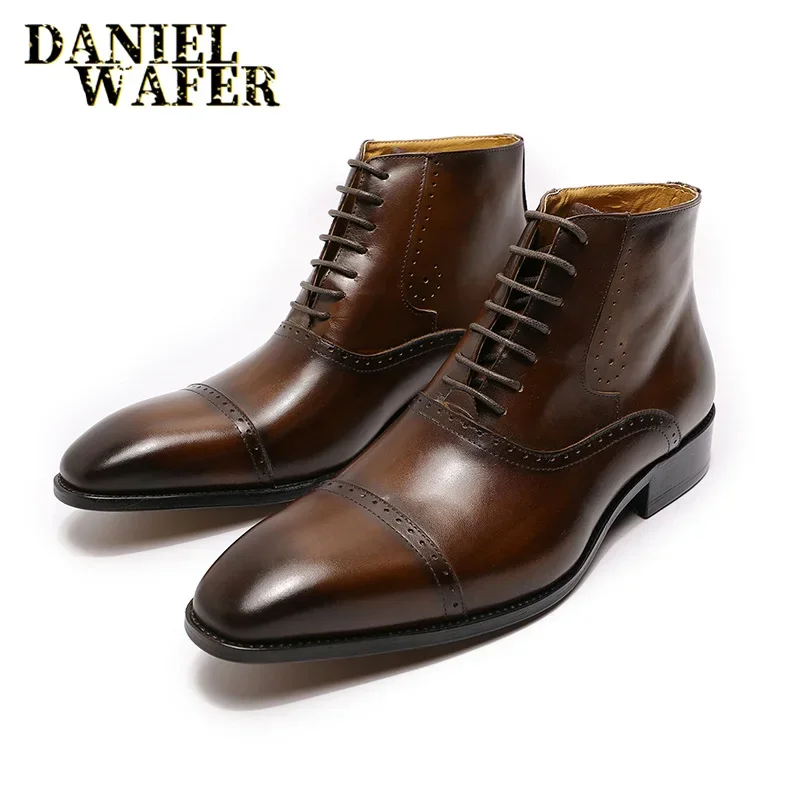 Botines de moda para hombre, vestido Formal, zapatos de cuero, estilo vaquero occidental, con cordones, botas informales marrones/negras para hombre
