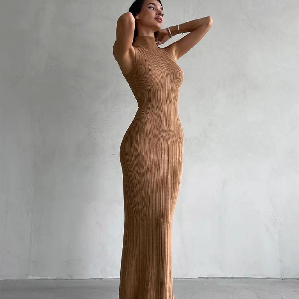 Fur ses-Robe longue slim pour femmes, robe de soirée élégante, col haut, document solide, sexy