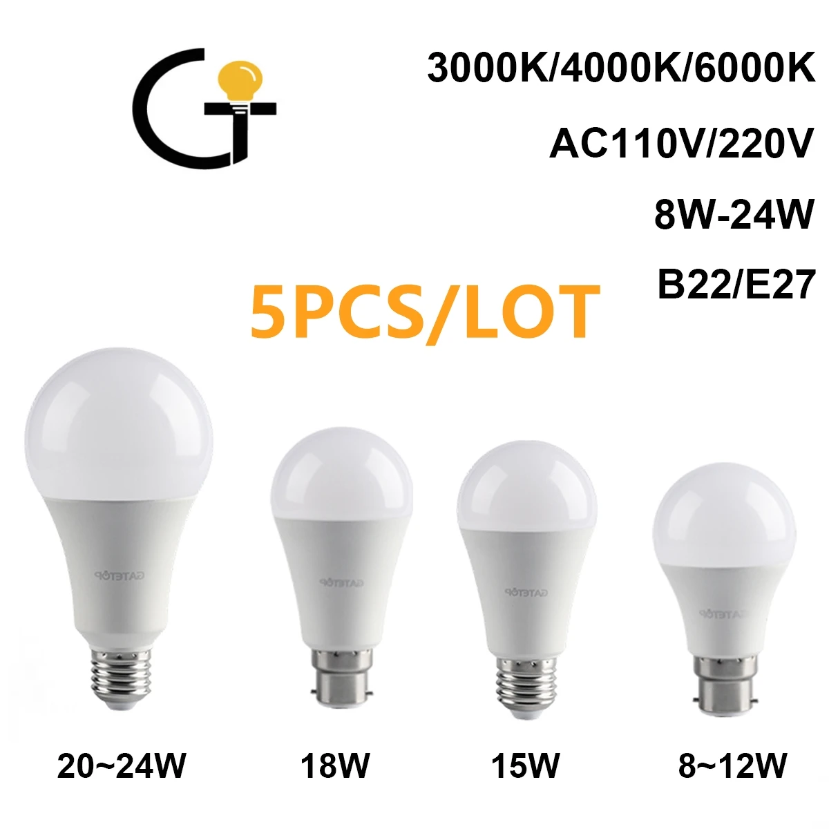 

5 шт./партия, светодиодные лампы E27 B22 A60 A80, 8-24 Вт, 220 В переменного тока