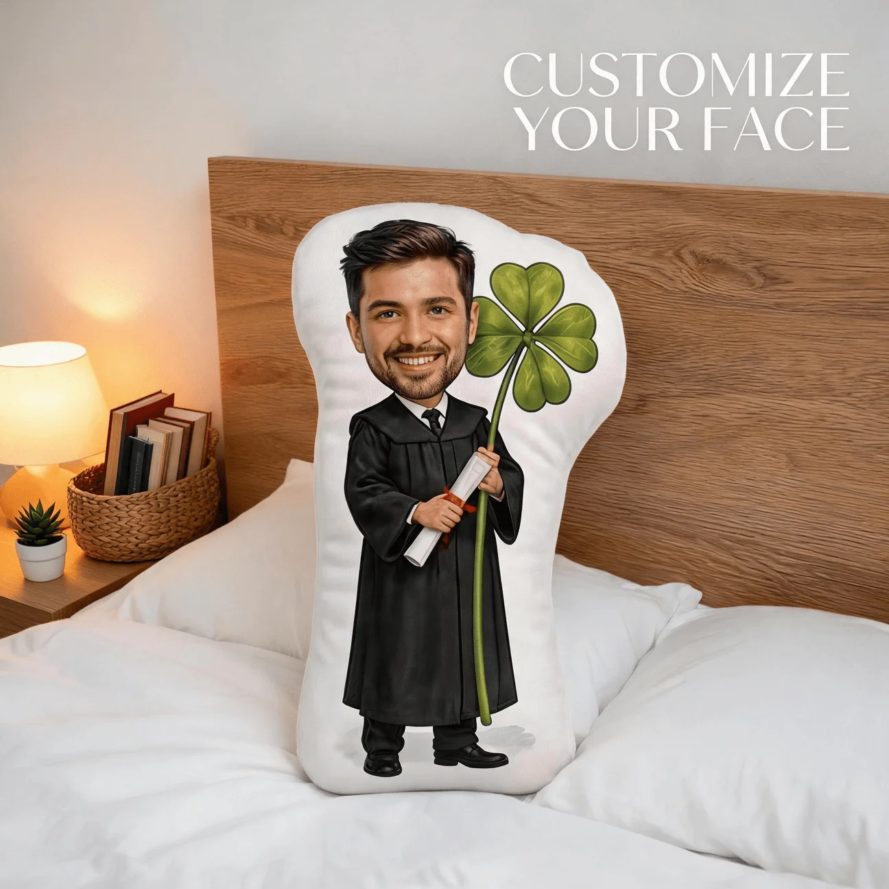 Custom Photo Graduation Shaped Pillow, Personalized Graduate in Gown Holding Shamrock Decorative Cushion, Unique Home Decor Acce
