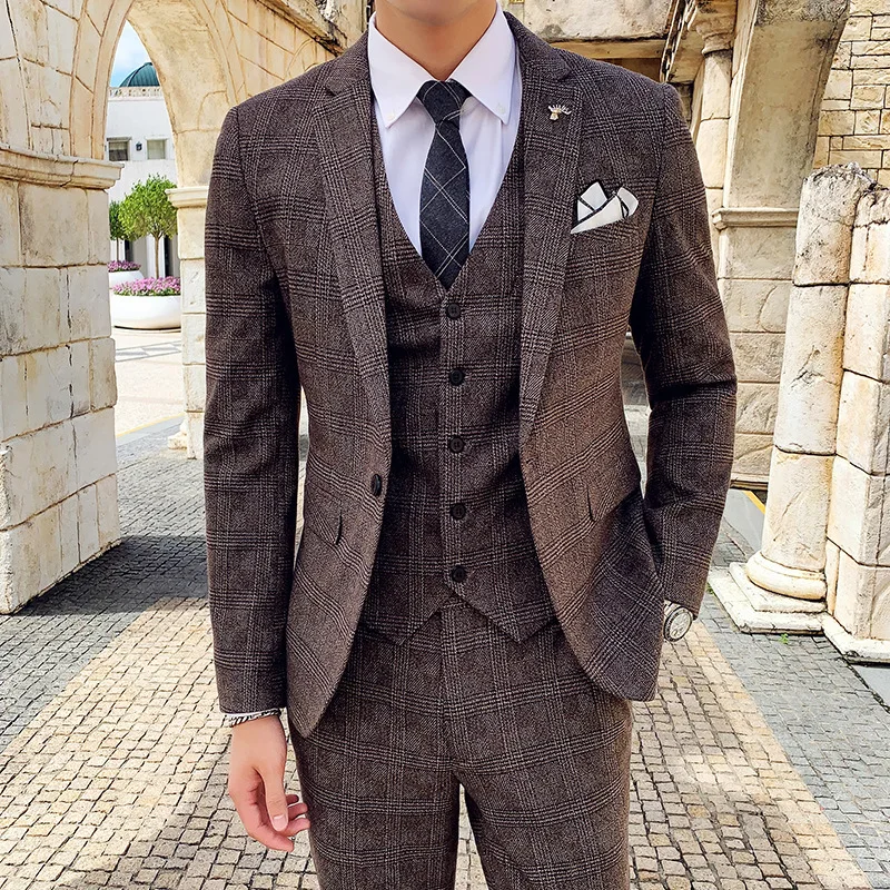 

Men's High-quality Large Suit 6XL/7XL 3-piece Suit (suit+vest+pants) Business Fashion Check Suit Groom Wedding Banquet Suit