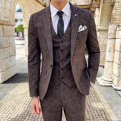 Men's High-quality Large Suit 6XL/7XL 3-piece Suit (suit+vest+pants) Business Fashion Check Suit Groom Wedding Banquet Suit