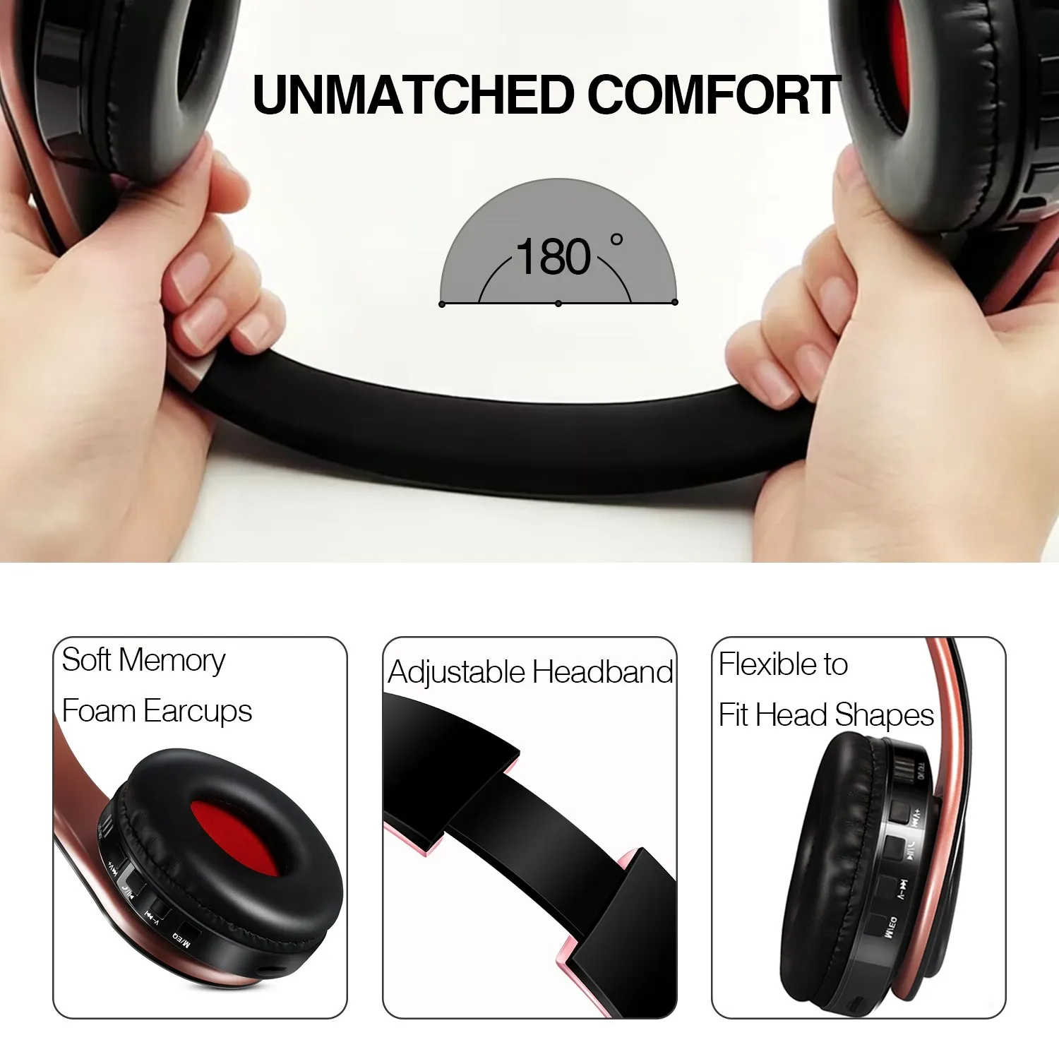 Słuchawki bezprzewodowe Bluetooth stereo AYVVPII z FM i obsługą kart SD, z mikrofonem, do telefonów komórkowych iPhone, Samsung, tabletów i odtwarzaczy MP3. — zdjęcie produktu 4