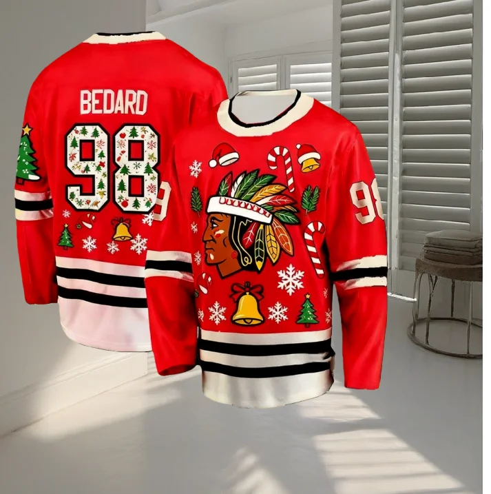 عيد الميلاد تحت عنوان BEDARD No.98 هوكي الجليد رجل جيرسي شيكاغو عيد الميلاد طبعة محدودة الهوكي جيرسي المشجعين هدية الكريسماس تي شيرت