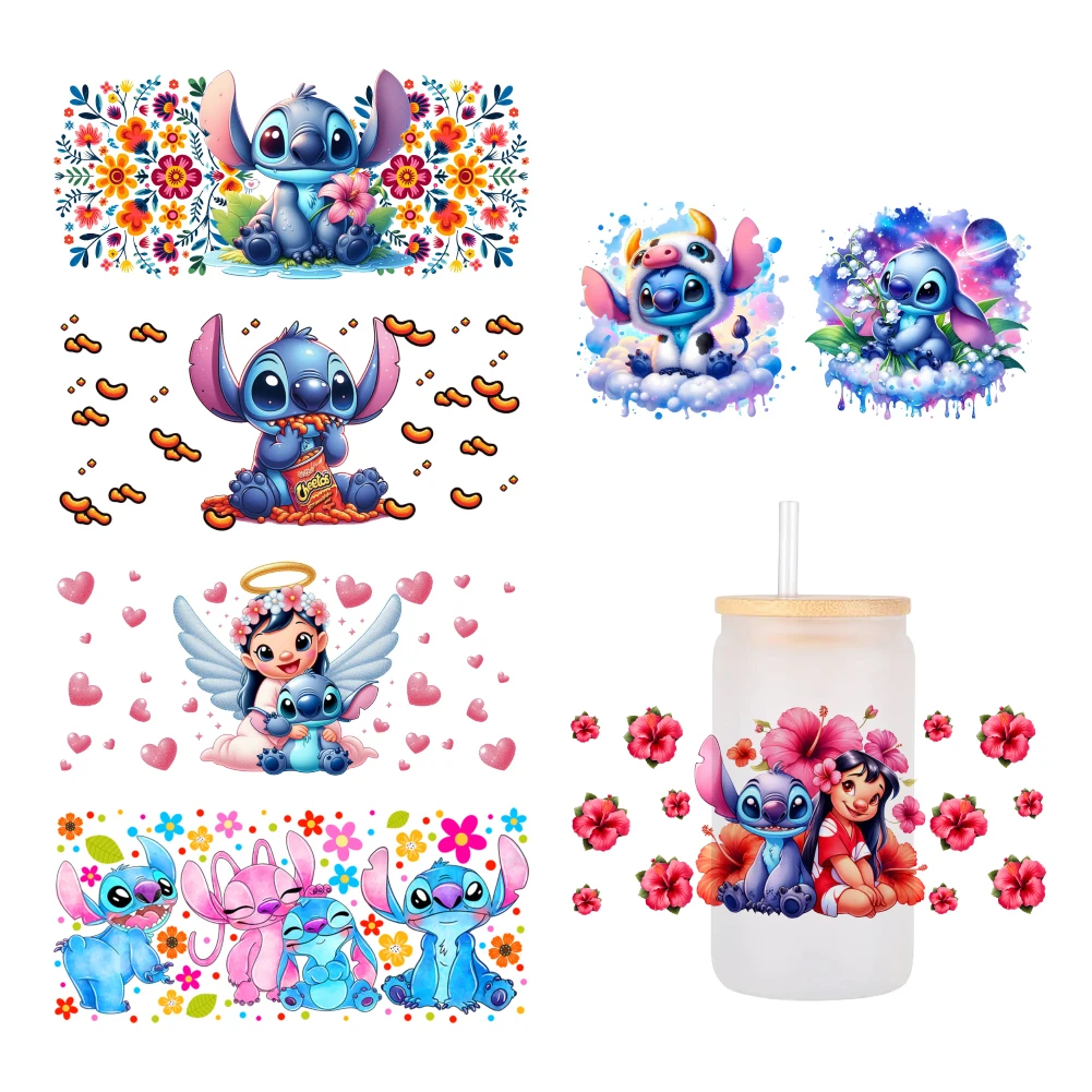 Stitch 16oz UV DTF Cup Wrap Libbey Glass Beer Can tumbler Transfer Stickers Waterproof Permanent Adhesive Spring Flower Cartoon