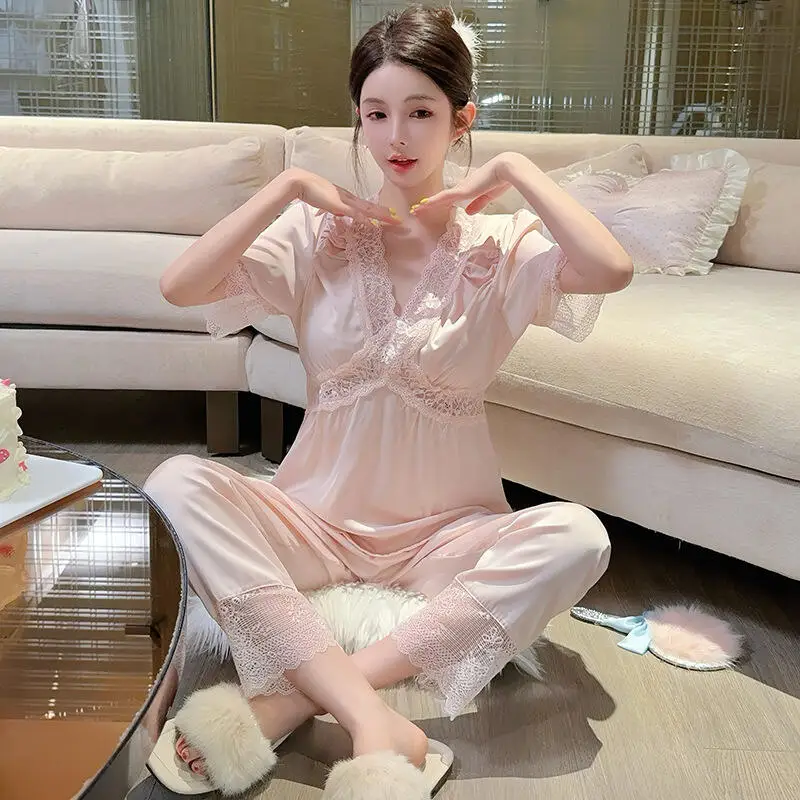 Summer New Women's Short Sleeved Trousers Home Clothes Set Kawaii Women's Lace Pajamas Home Pajamas Teenagers Sexy Two Piece Set