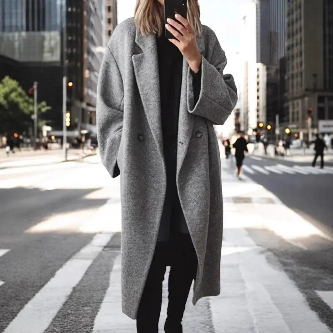 Long Trench Coat Winter 2025 Women's Cross-Border Multi-Size Simple Versatile Long Version Outerwear Elegant Woolen Jacket