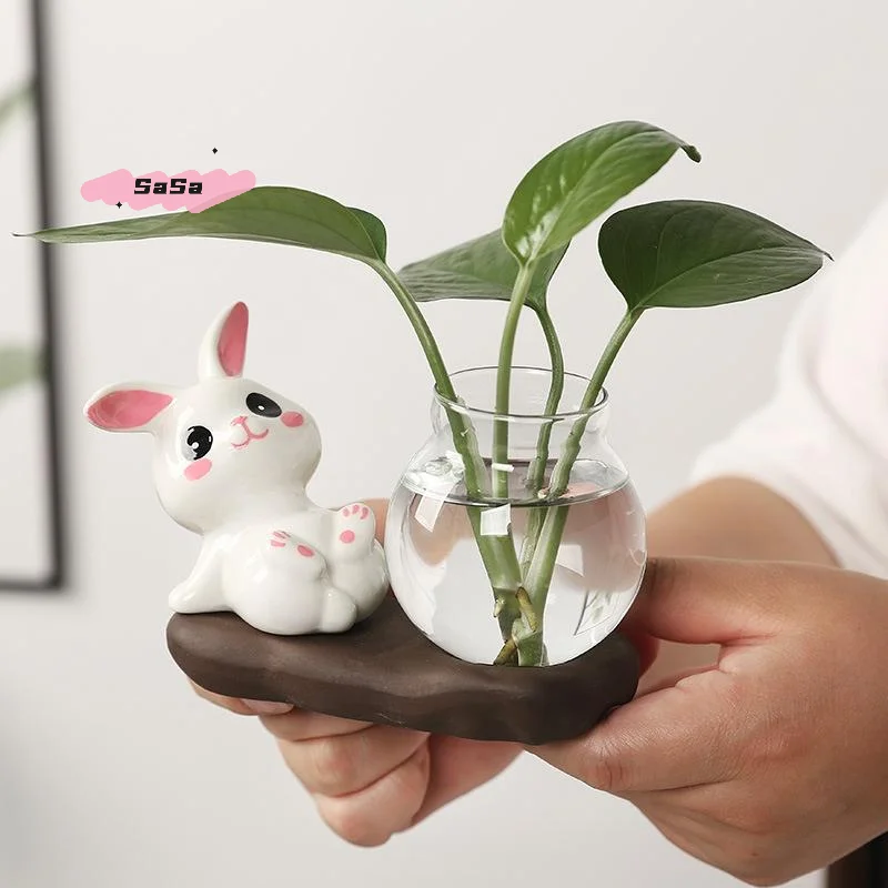 S-1 Pc Cute Rabbit Hydroponic Plant Vases Transparent Glass Vase Tabletop Decoration Aquatic Flower Bottle With Wooden Base