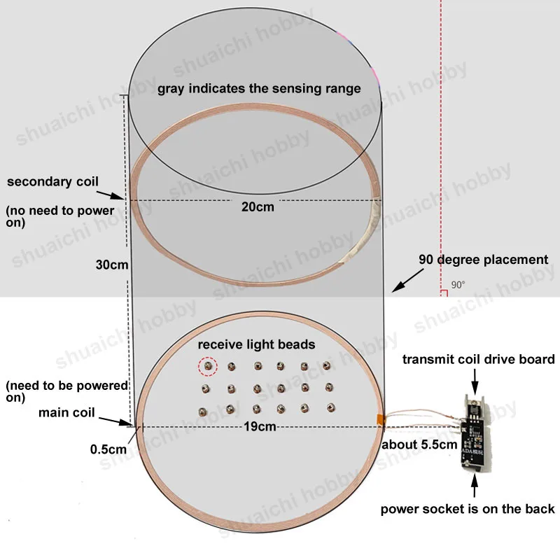 1 conjunto de bobina transmissora de fonte de alimentação sem fio, diâmetro 20cm, alta potência com receptor, contas de luz, peças diy para barco, robô, modelo de veículos