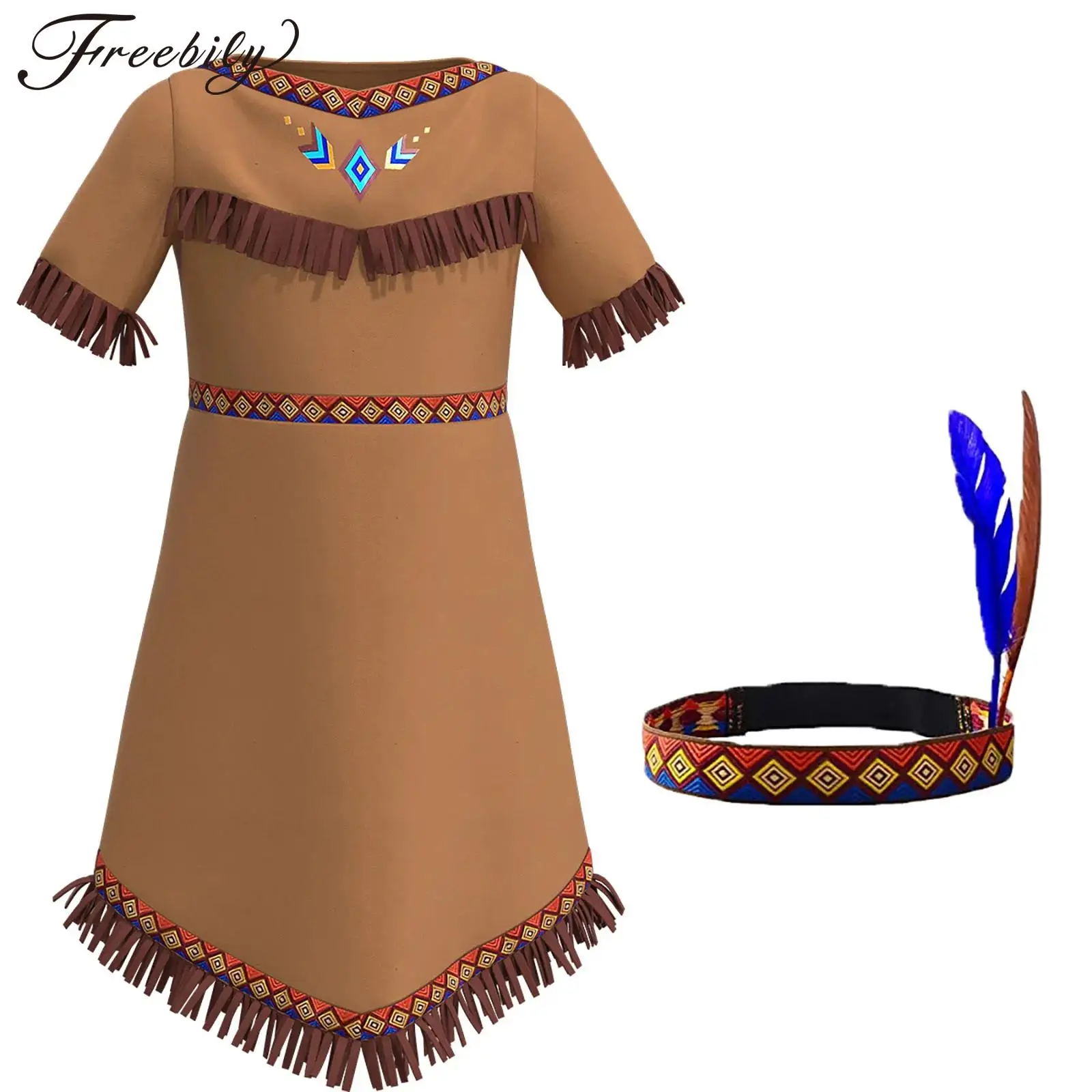 

Kids Girls Native American Halloween Cosplay Costume Indian Princess Dress Primitive Hunters Suits Carnival Easter Fancy Dress