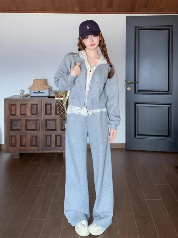 

Casual Lace Patchwork High Waist Wide Leg Pants Two-Piece Set Spring New Faion Ensemble Long Sve Ne Overalls