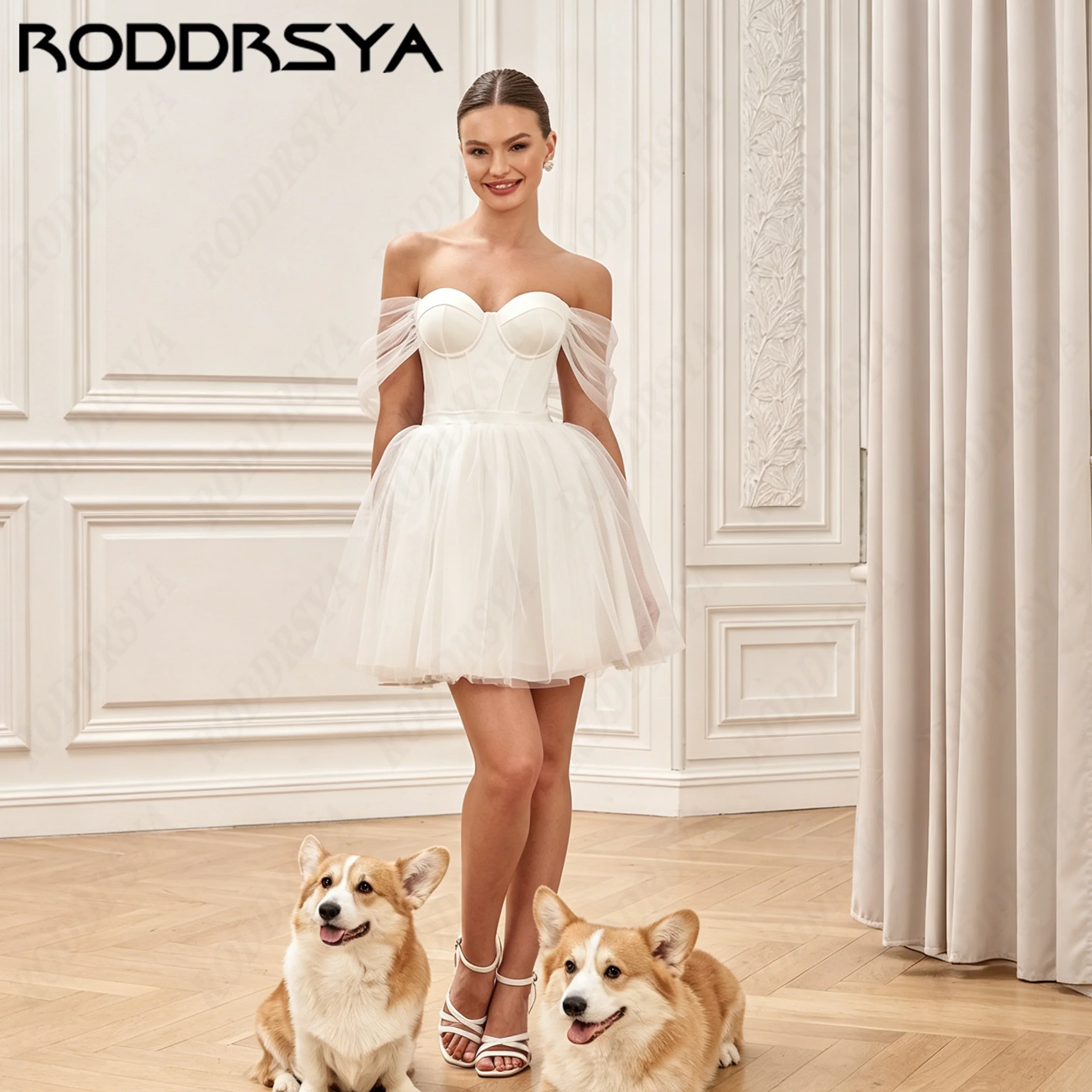 RODDRSYA Mini Sweetheart Tulle Wedding Dress Bridal Off The Shoulder Lace Up Gown For Young Bride Simple Brautkleid Personalized