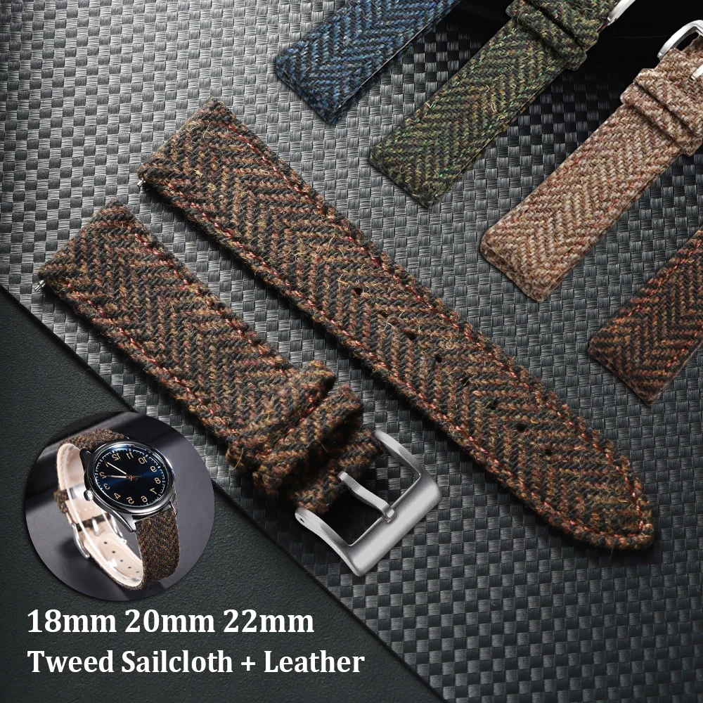 

Vintage Khaki Black Blue Men Women Bracelet Leather Tweed Sailcloth Watch Strap 18mm 20mm 22mm Quick Release Weave Nylon Band