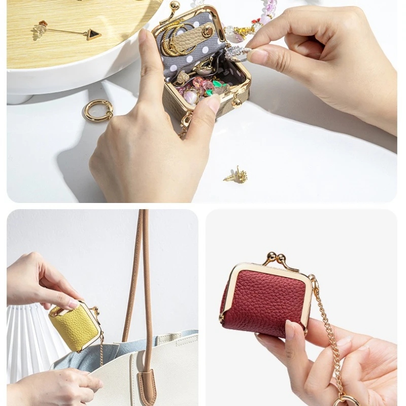 Women Genuine Leather Kiss Lock Mini Purse with Chain Ring Brand Clasp Closure Pouch for Coins, Rings, Earrings Tiny Accessories