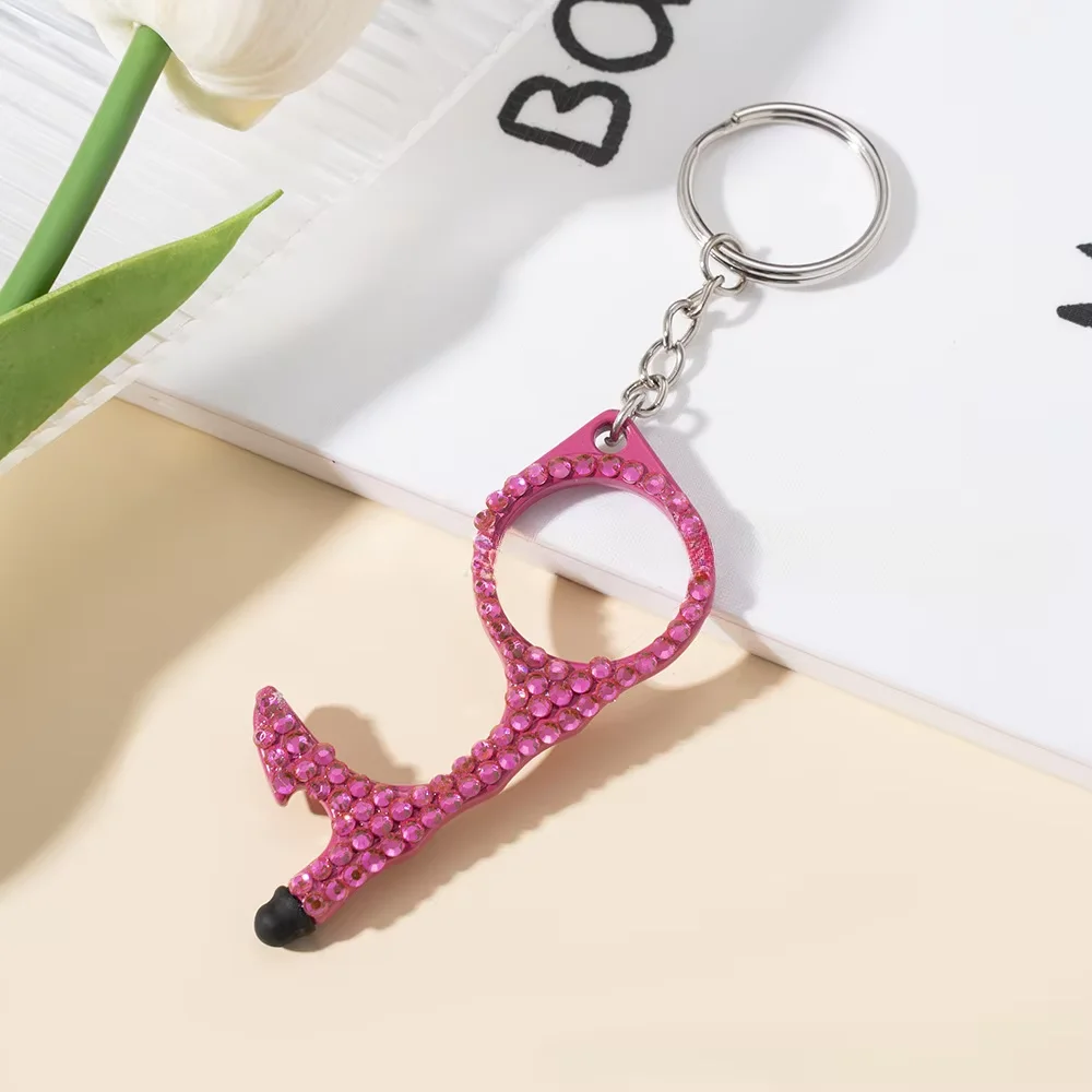 1Pcs Rhinestone Multifunctional Door Opener Self Defense Keychains Non Contact Door Opening Device Key Chains Keyrings Women