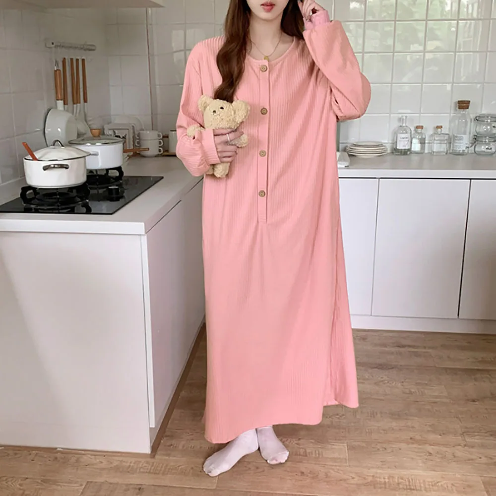 2024 New Half Cardigan Mid-Length Nightdgown For Women Spring Solid Long Sleeved Round Neck Home Nightdress Simple Casual Pajama