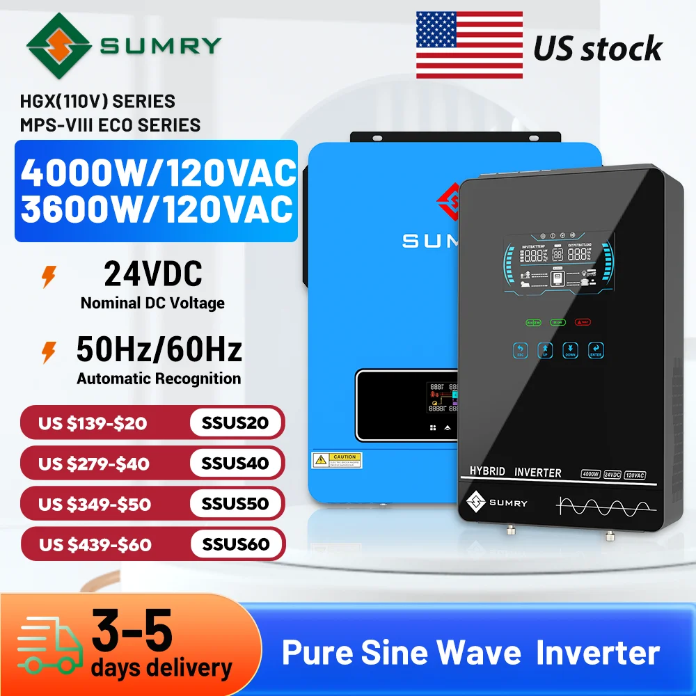 Sumry 3.6/4kw Hybrid Solar Inverter 24v 110/120v Pure Sine Wave Inverter 50/60hz Short Circuit Protection Free Wifi Module