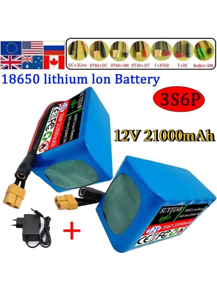 3S6P 12V 21Ah Akku 18650 Lithium-Ionen-Akku mit BMS für Roller, Spray und andere Geräte DC12,6V Ladegerät