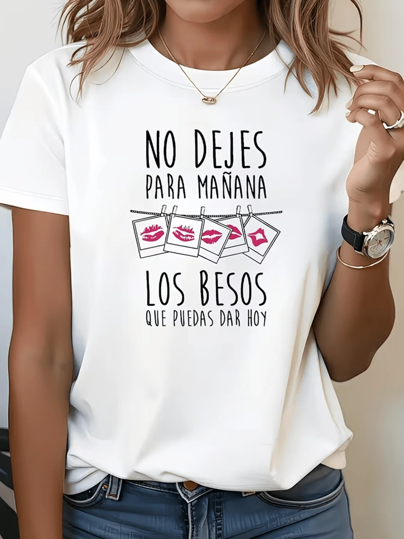 Spanish Phrase No Dejes Para Mañana Los Besos and Lip Print Tops Casual Short Sleeve T-shirt Y2k T Shirt Clothes Female Outfit