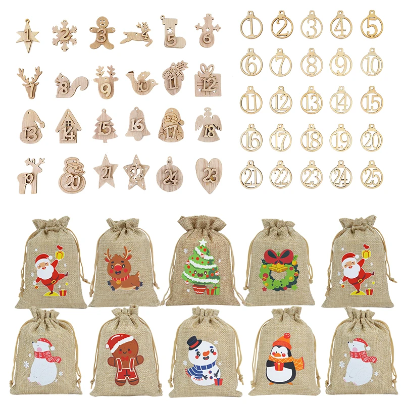 

24Days Wooden Christmas Advent Calendar Xmas Gift Bags 1-25 Tags Home Party Christmas Decorations Advent Calendar Pendant