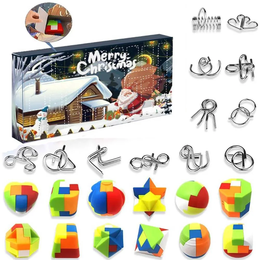 

Christmas Advent Calendar Brain Teaser Puzzles Fun Challenges Toys 24 Pcs Metal & Plastic Puzzle Christmas Gift for Kids Teens