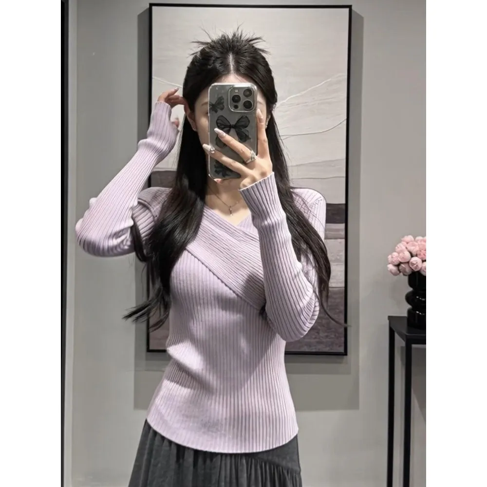 

Soft Purple Cross Knitted Base Shirt Women's Long Sleeve Autumn Winter Irregular Pure Desire Inner Wear Versatile Top
