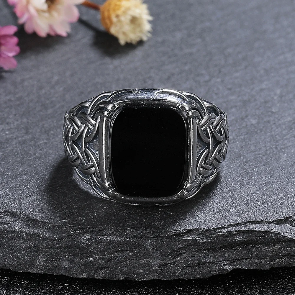 925 Sterling Silver Jewelry Ring Natural 10*12mm Big Black Agate Stone Vintage Ring For Women Party Gifts