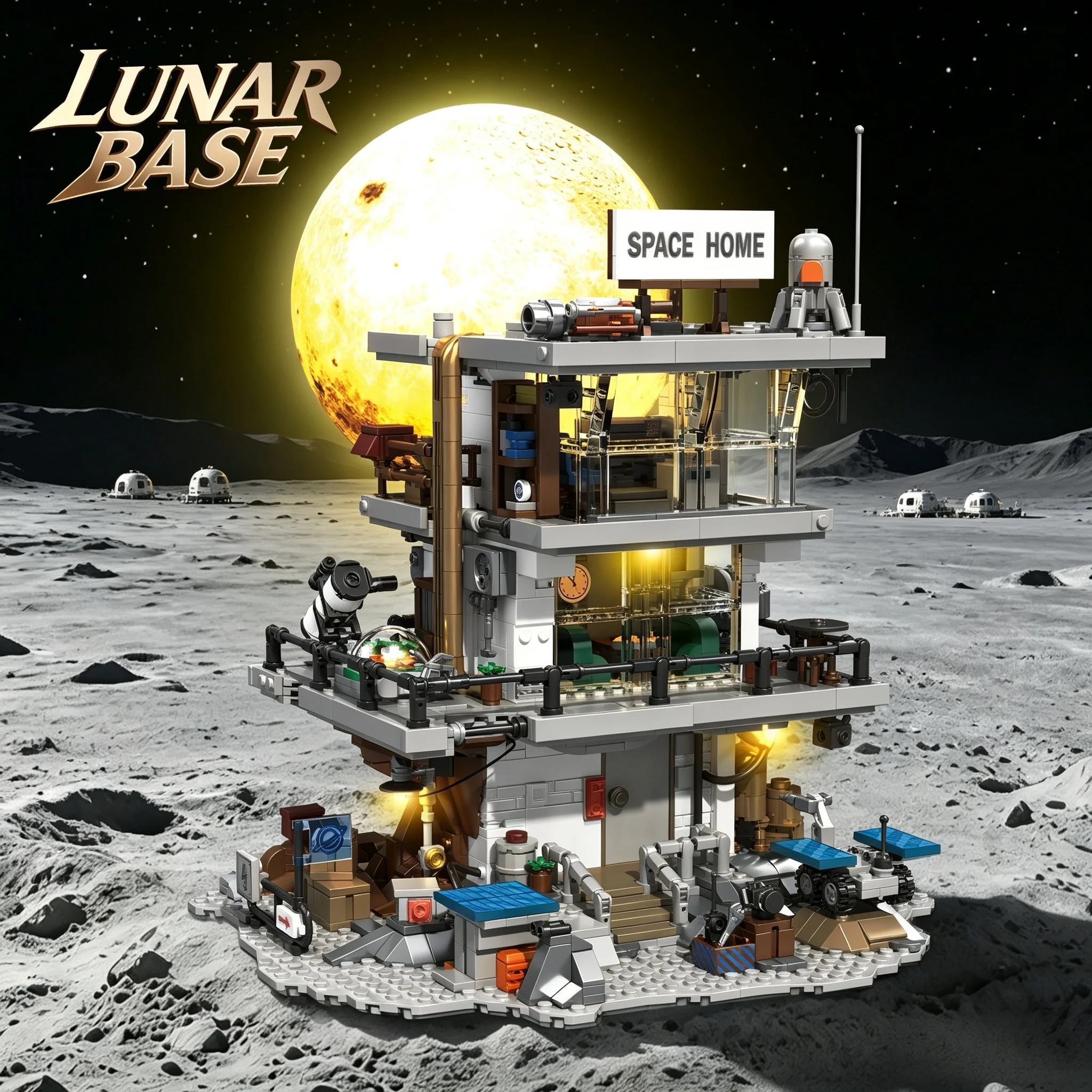 Blocs de construction de la base lunaire, station spatiale, lumière LED, modèle classique, briques MOC, décoration architecturale DIY, jouet, cadeaux d'anniversaire
