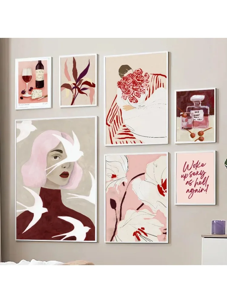 Fille Pigeon Rose parfum fleurs vin rouge mur Art toile peinture à l'huile nordique toile peinture pour salon décor