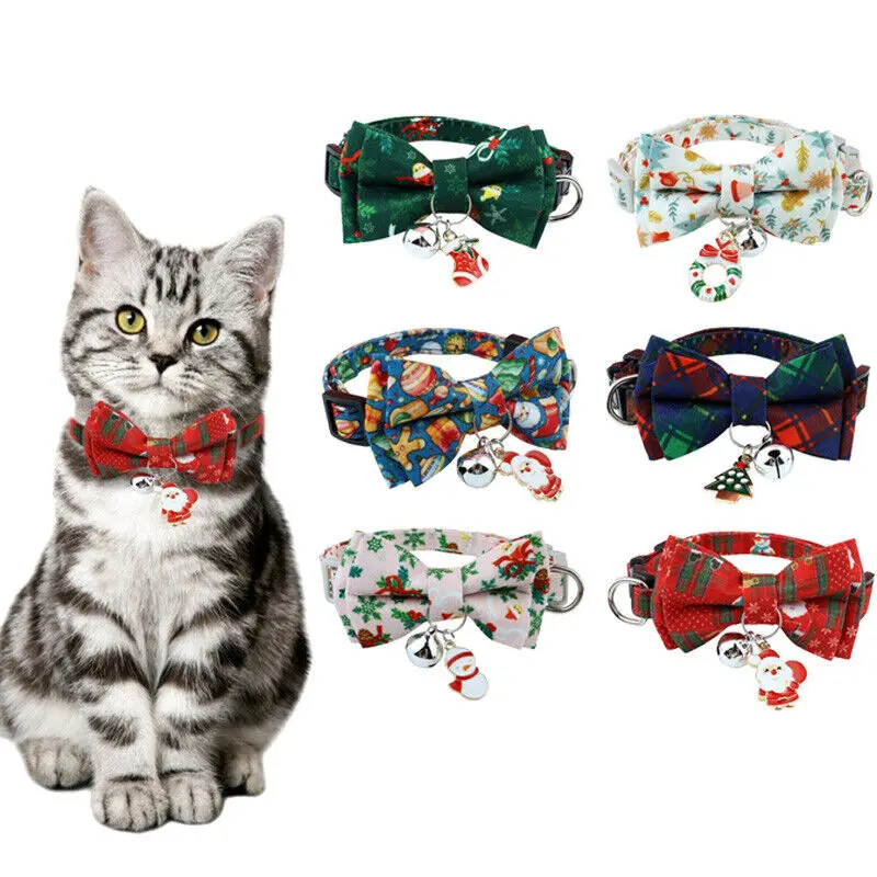 

Pet Breakaway Cat Collar Bow Tie and Bell Cute Plaid Christmas Red Elastic Adjustable Dog Collar With Sash Small Bell For Cats