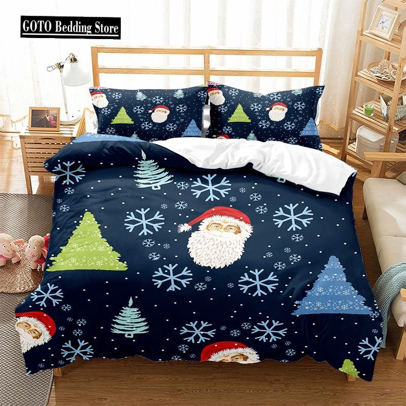 Printed Duvet Covet Set for Merry Christmas 3D Christmas Tree,Snowflakes,Santa Claus Double Bed Comforter Cover + Pillowcases