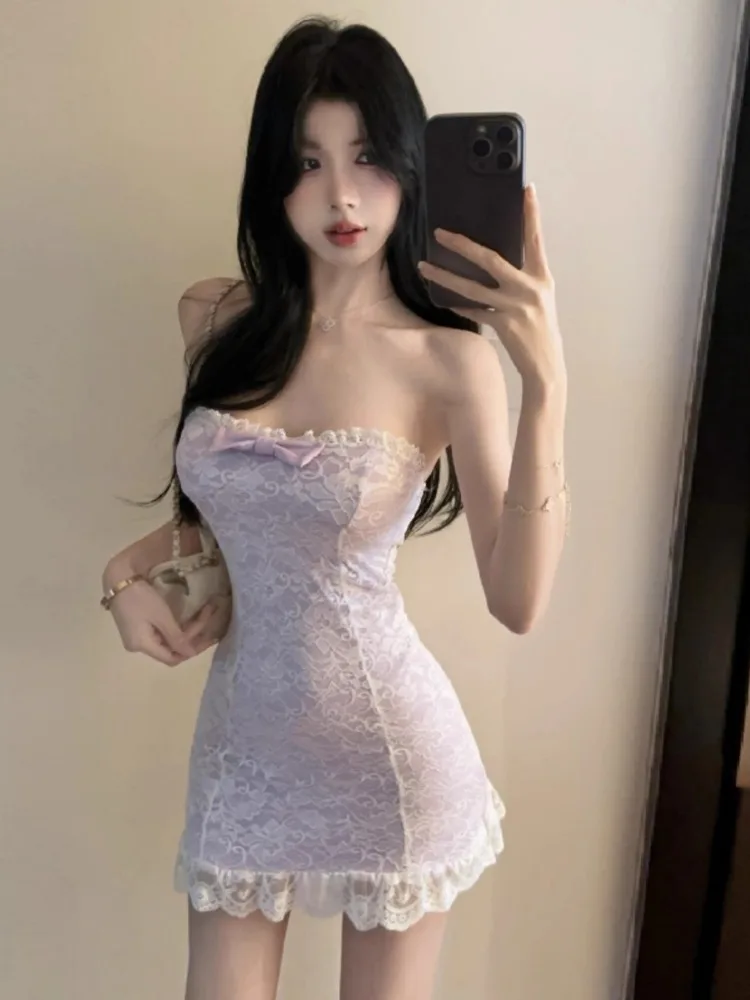 Ezgaga Dresses Women Sexy Strapless Lace Patchwork Bow Slim Stretch Elegant Backless Party Mini Dress Ladies Clubwear Sweet