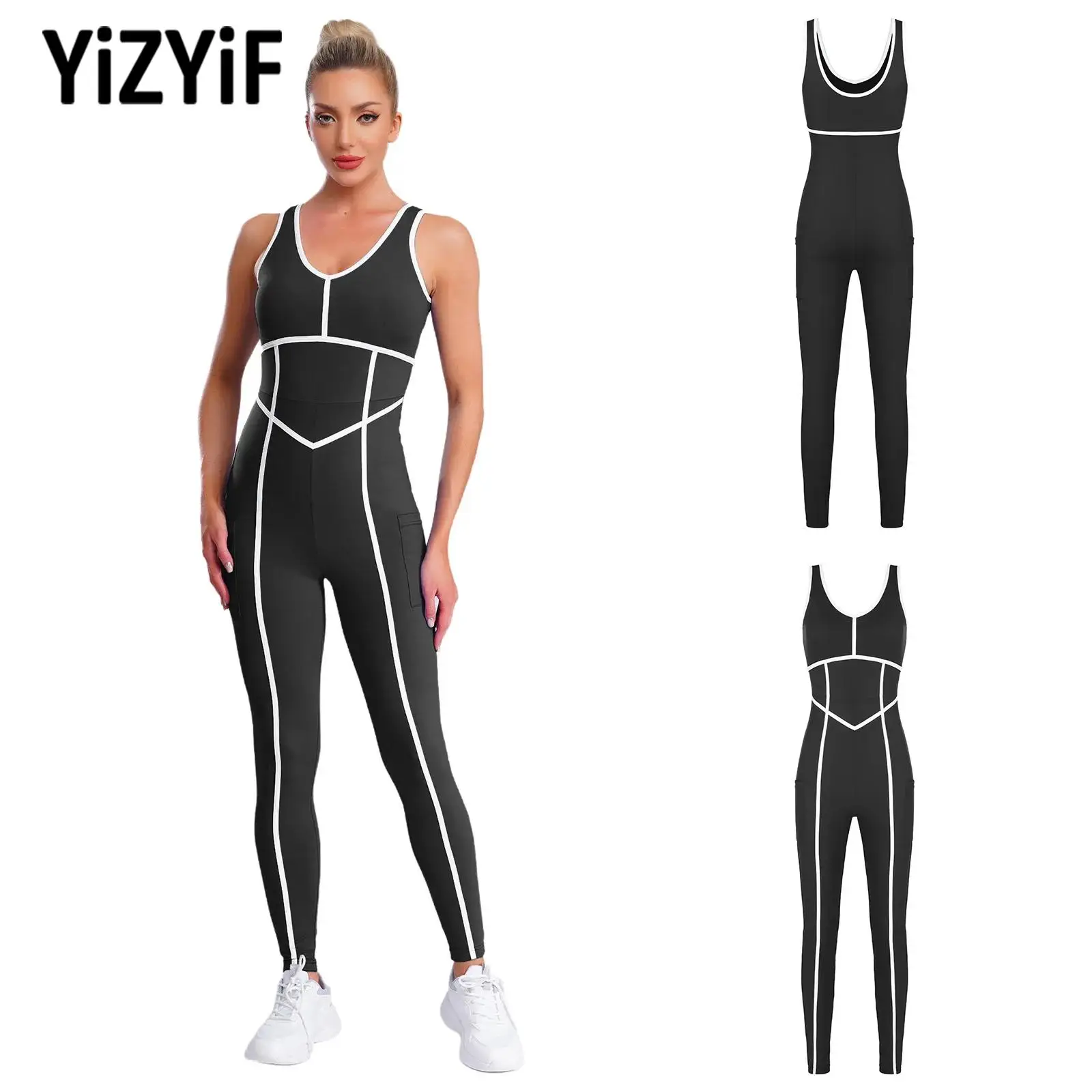 

Breathable Yoga Gym Sports Bodysuit for Womens Sleeveless Build-In Chest Pads Two Flat Pocket Jumpsuit Fashion Workout Clothing