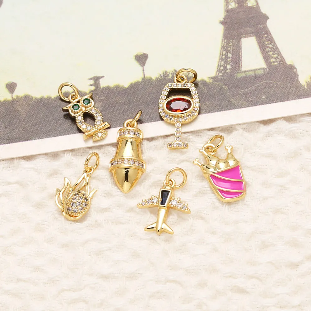 OCESRIO Fuchsia Enamel Drumsticks Charms for Bracelet Copper CZ Plane Missile Wine Glasses Jewelry Making Component chma394