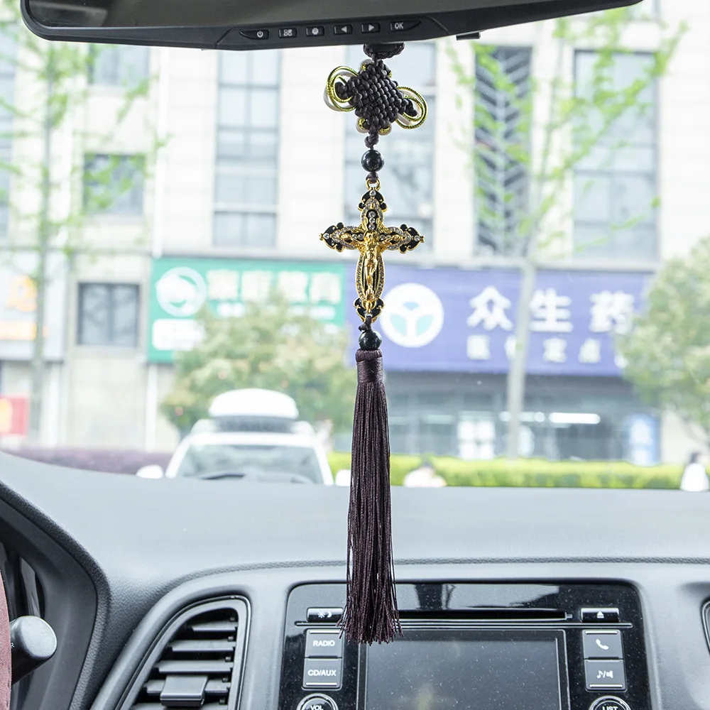 

Classic Cross Pendant with Chinese Knot, Black Tassel Car Rearview Mirror Hanger, Alloy Interior Decor for Car Home Gift​