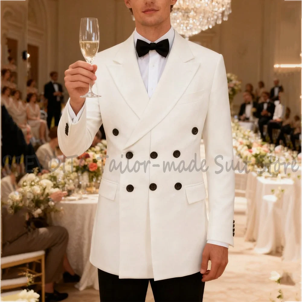 

White Three Breasted Tuxedo Men's Suit Peak Lapel Formal Wedding Groom Outfit Jacket with Pants Handsome Gentleman Party Attire
