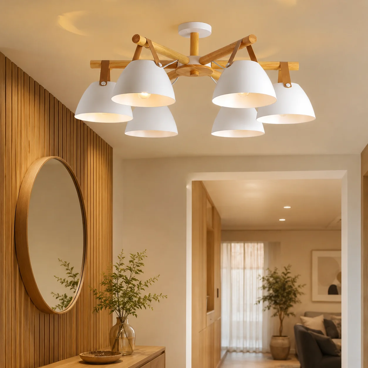 Modern Solid Wood Ceiling Lamp 8and6‑Head E27 Nordic Iron Ceiling Light 3 Color Temperature for Dining Living Room