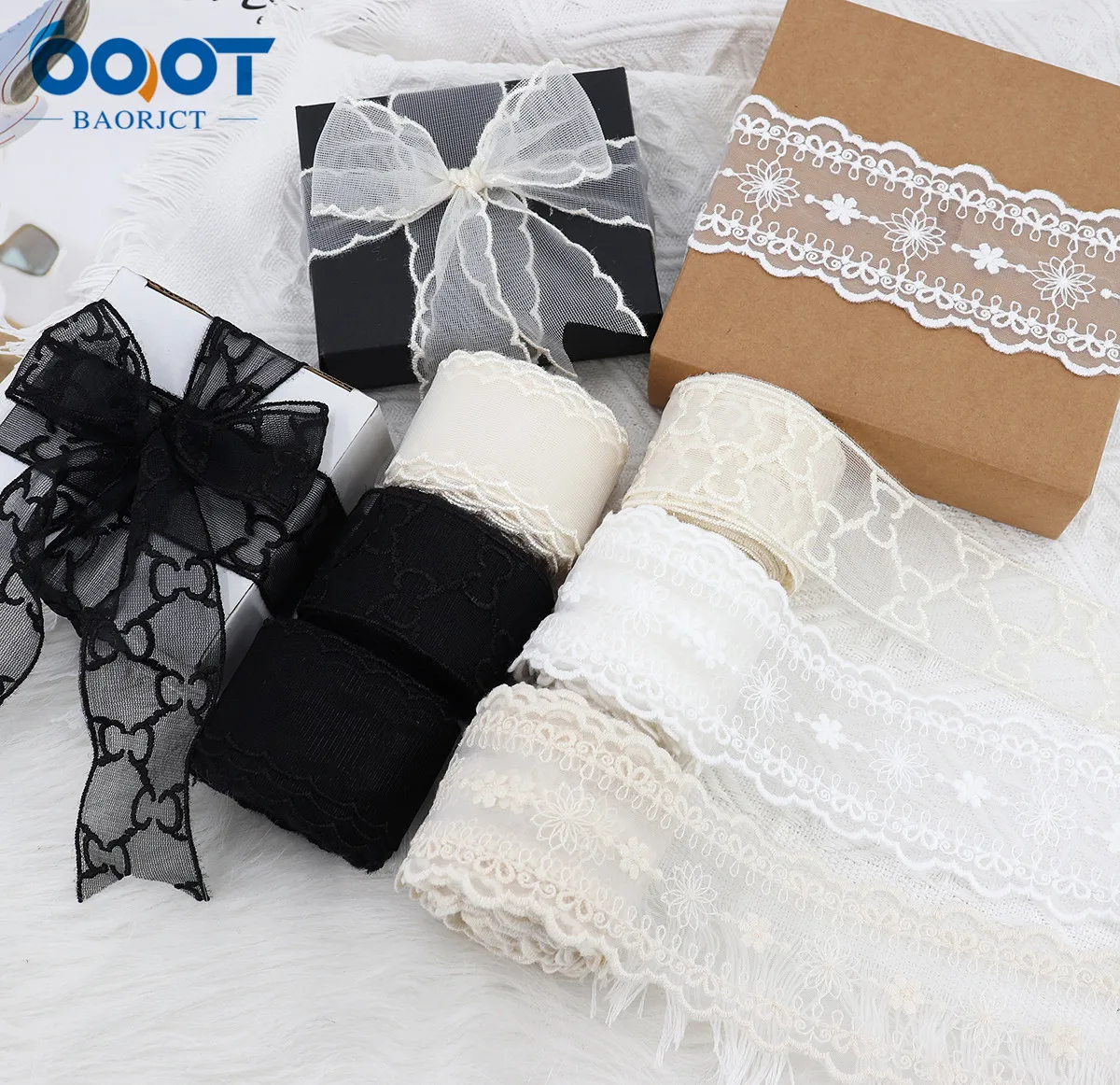 Delicate Mesh Embroidered Lace Ribbon 1Yards 22706-1 DIY Handmade Bow Headdress Gift Wrap Birthday Wedding Decoration Materials