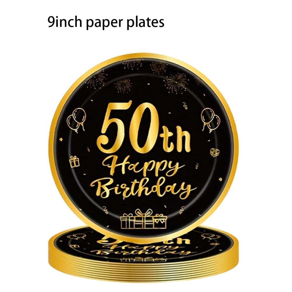 8/40pcs 7inch and 9inch Black and Gold Happy Birthday Disposable Paper Plates Birthday Party Decor Supplies Dessert/Salad Plates